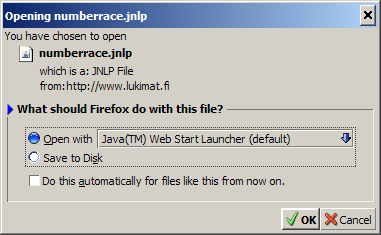 Numerorata, webstart-tiedoston avaaminen